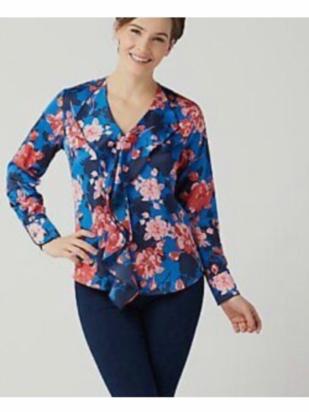 Laurie Felt Woven Front Ruffle Floral Top‎ In Marine Blue